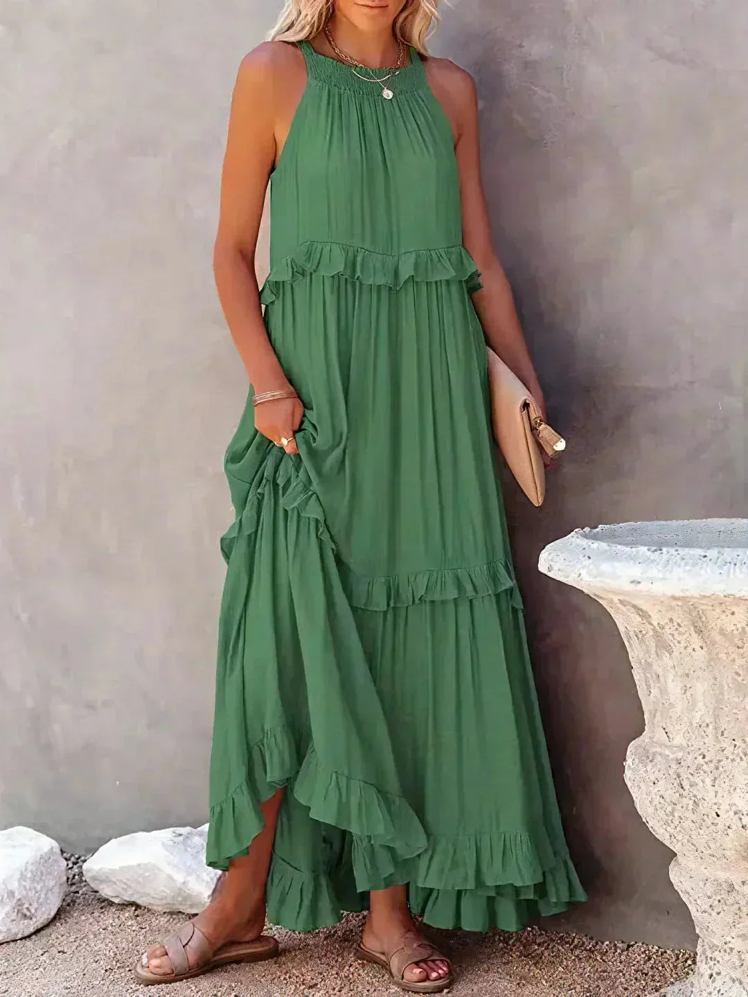 Women’s Ruffled Maxi Dress – Sleeveless Summer Boho Style