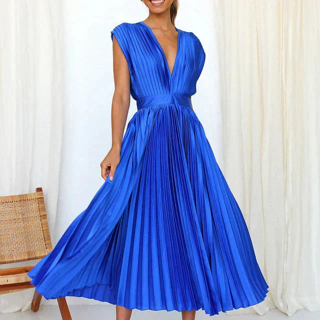 Women’s Pleated Midi Dress – Elegant Deep V-Neck Evening Style