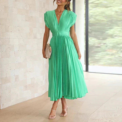 Women’s Pleated Midi Dress – Elegant Deep V-Neck Evening Style