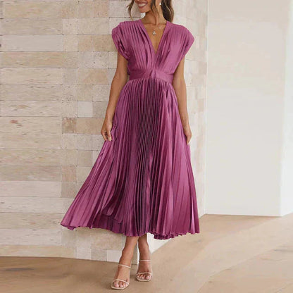 Women’s Pleated Midi Dress – Elegant Deep V-Neck Evening Style