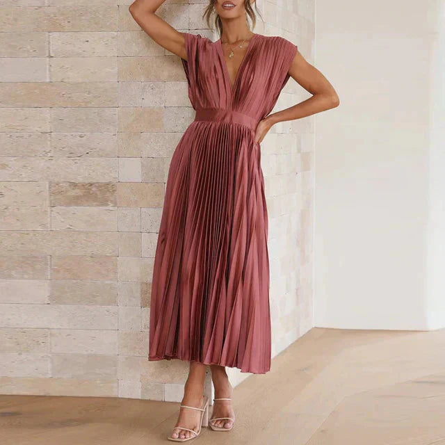 Women’s Pleated Midi Dress – Elegant Deep V-Neck Evening Style