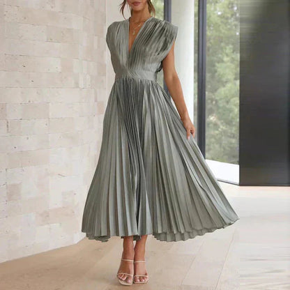 Women’s Pleated Midi Dress – Elegant Deep V-Neck Evening Style