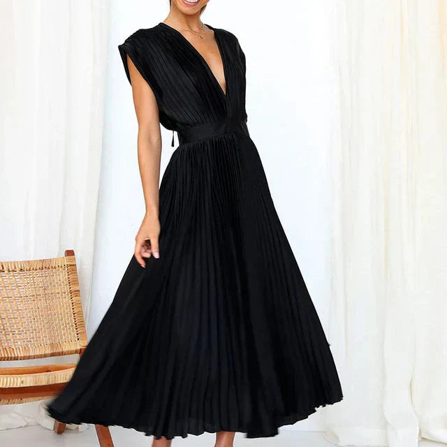 Women’s Pleated Midi Dress – Elegant Deep V-Neck Evening Style