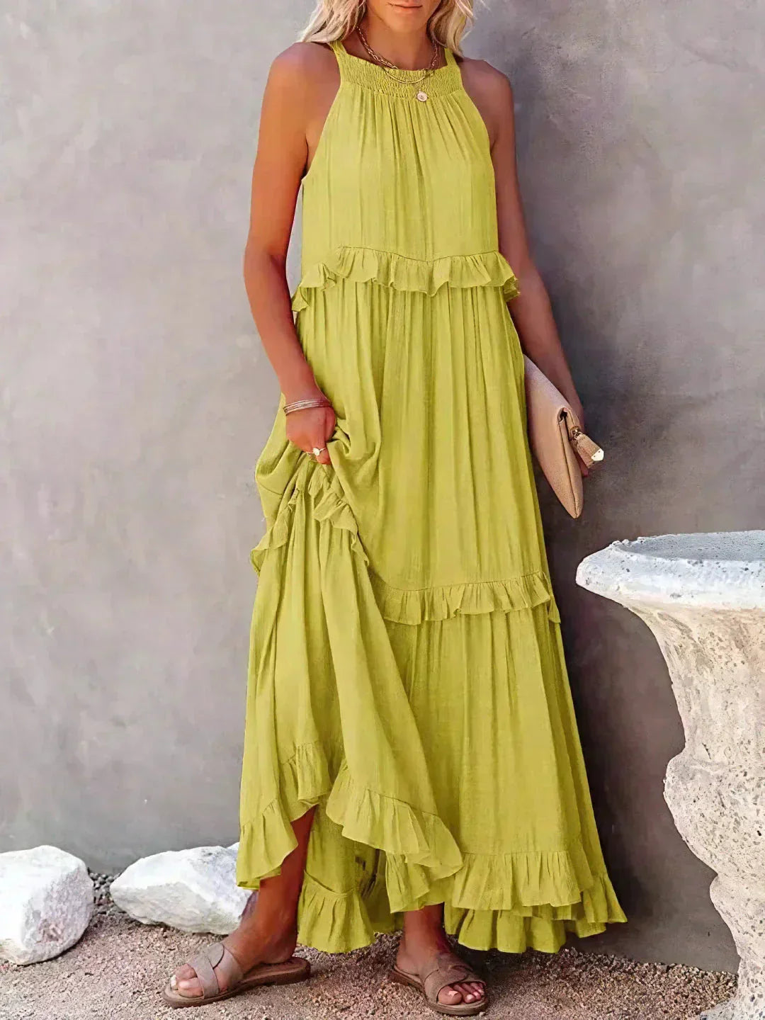 Women’s Ruffled Maxi Dress – Sleeveless Summer Boho Style
