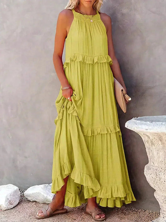 Women’s Ruffled Maxi Dress – Sleeveless Summer Boho Style