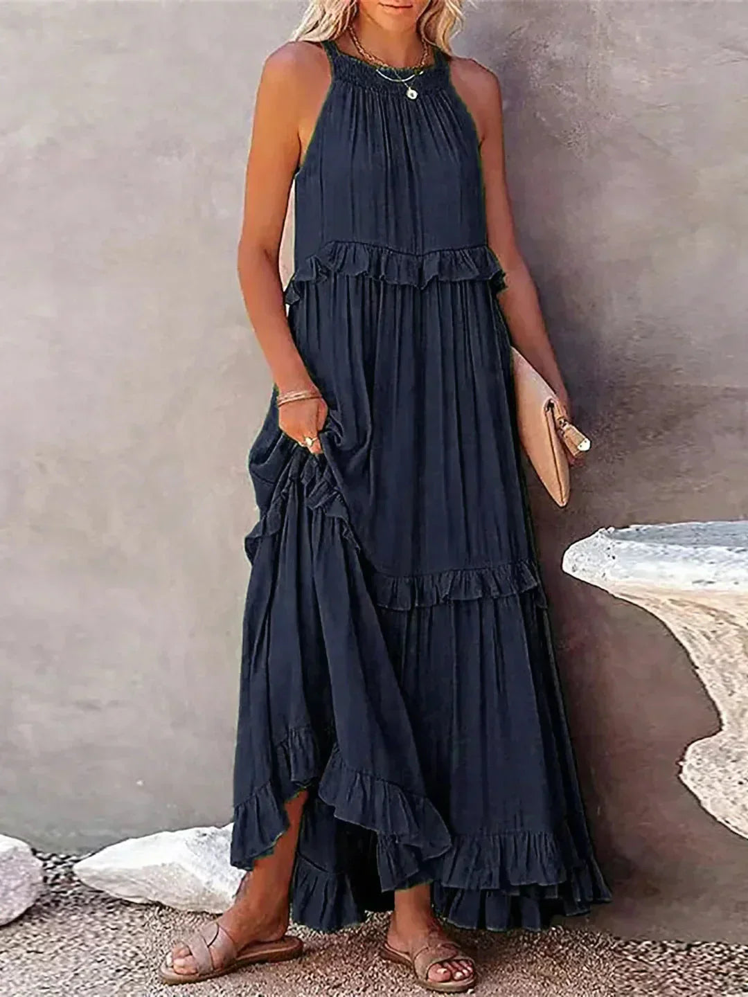 Women’s Ruffled Maxi Dress – Sleeveless Summer Boho Style