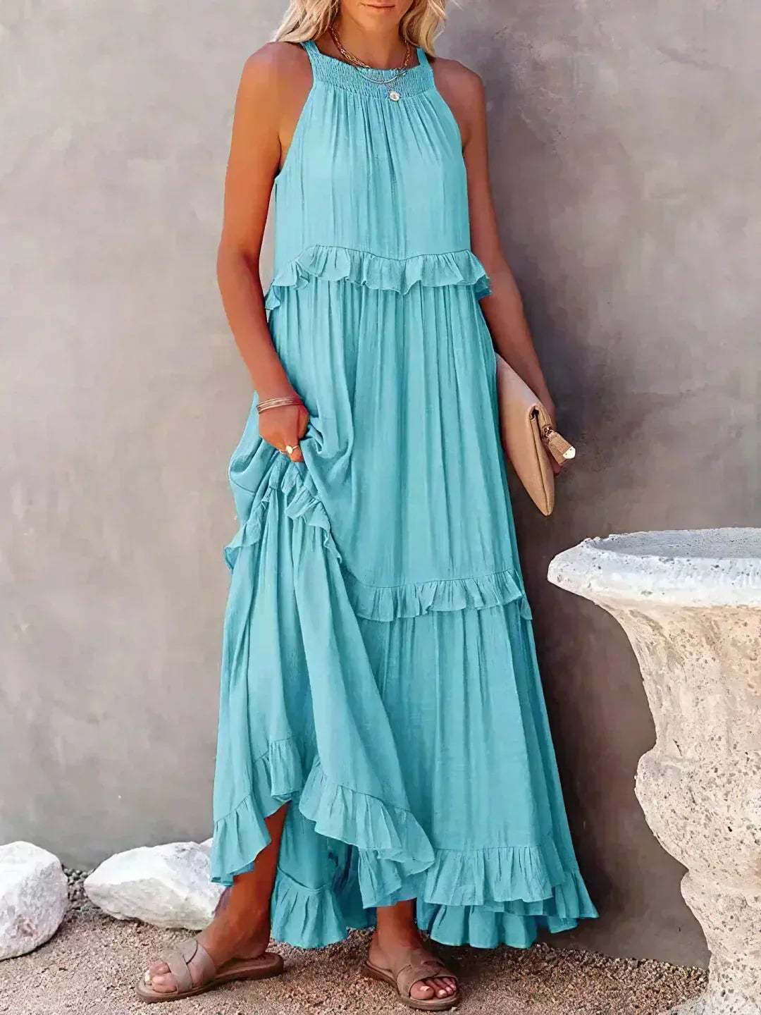Women’s Ruffled Maxi Dress – Sleeveless Summer Boho Style