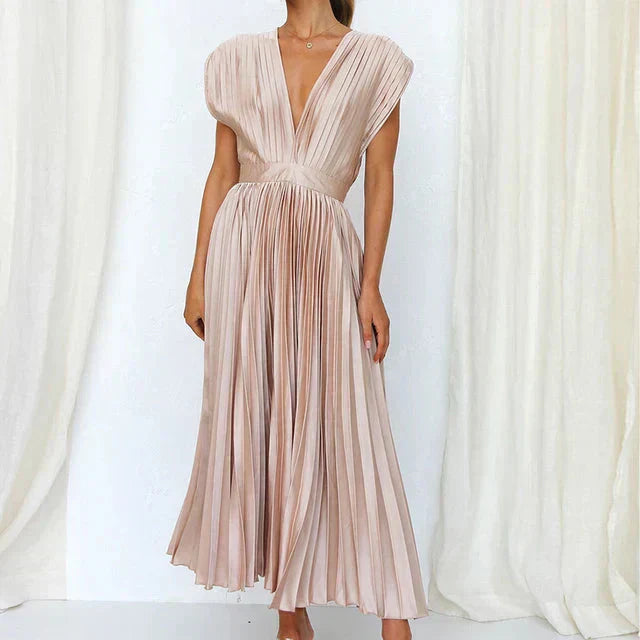 Women’s Pleated Midi Dress – Elegant Deep V-Neck Evening Style