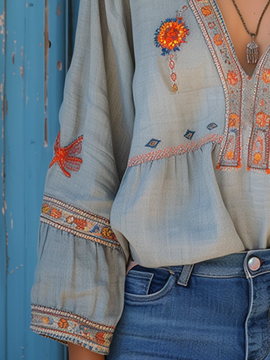Boho Embroidered Blouse – Vintage Long Sleeve Top