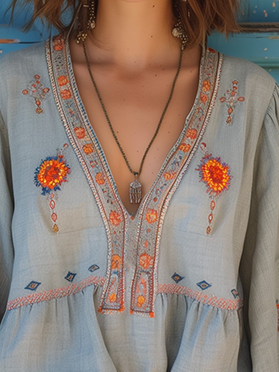 Boho Embroidered Blouse – Vintage Long Sleeve Top