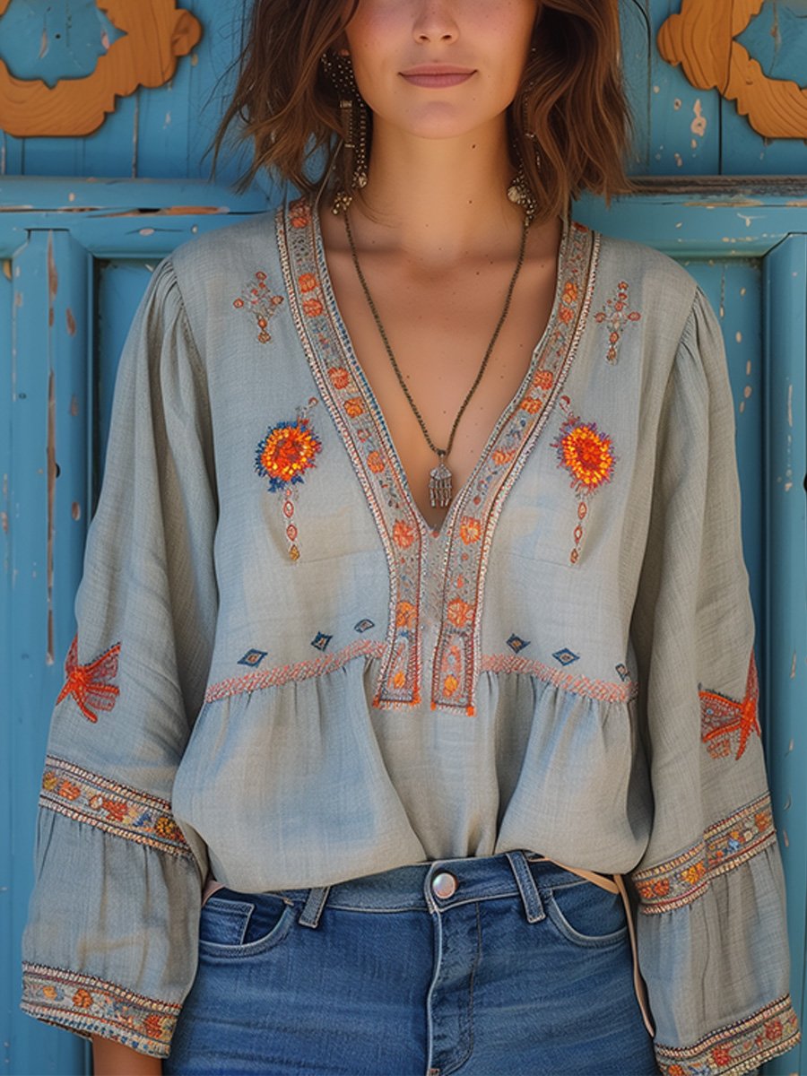 Boho Embroidered Blouse – Vintage Long Sleeve Top