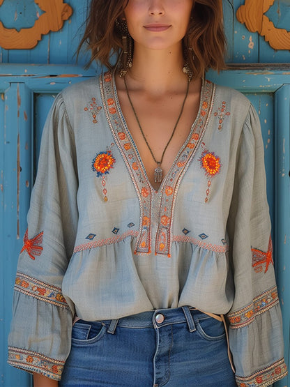Boho Embroidered Blouse – Vintage Long Sleeve Top